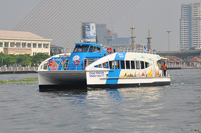 Hop on hop off tourist boat on the Chao Phraya river in Bangkok