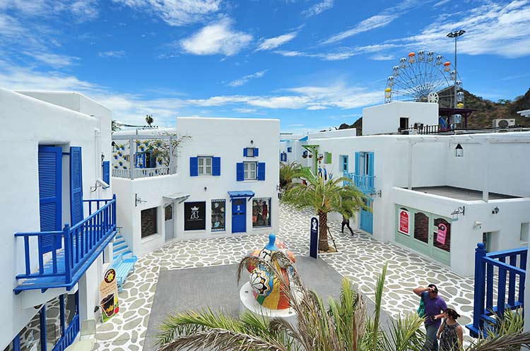 White and blue houses resembling the Greek island of Santorini at Santorini Park Hua Hin