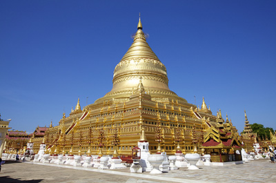 The gold plated Shwezigon pagoda built by the founder of the Bagan empire in 1090