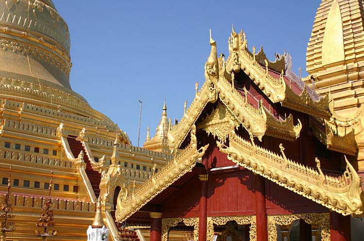 Details of the very ornate decoration on a building on the Shwezigon pagoda grounds