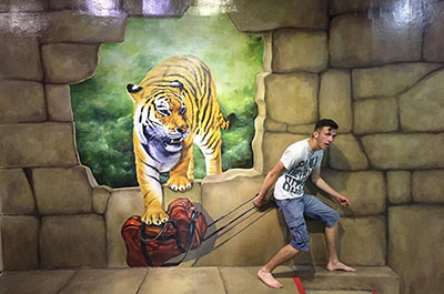 Getting away from a tiger in artwork
