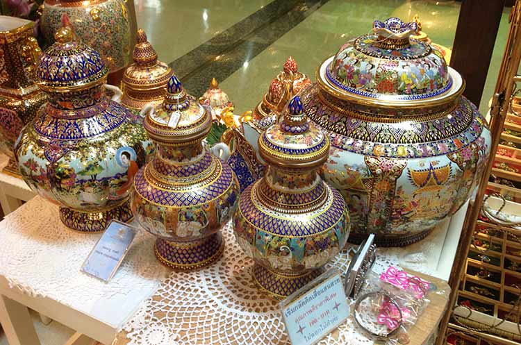 Intricately hand painted ceramics at Bang Sai Royal Folk Arts and Crafts Centre in Ayutthaya