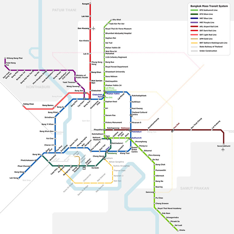 The Blue Line and Purple Line of the MRT Subway System shown on the Bangkok Mass Transit map
