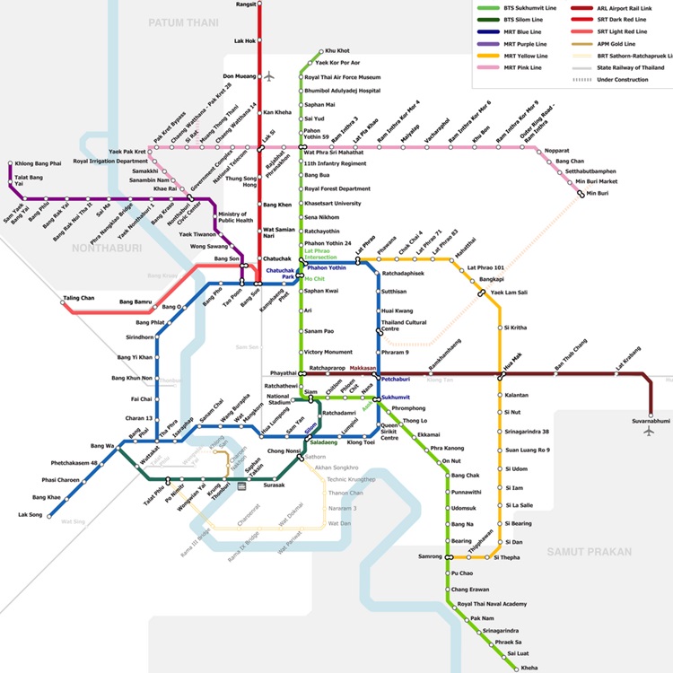 The Blue Line and Purple Line of the MRT Subway System shown on the Bangkok Mass Transit map