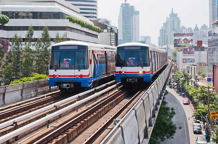 Two trains of the BTS Sky Train in Bangkok