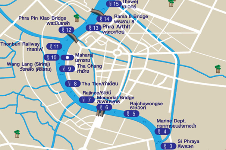 Route map of the Chao Phraya River Express Boat in Bangkok