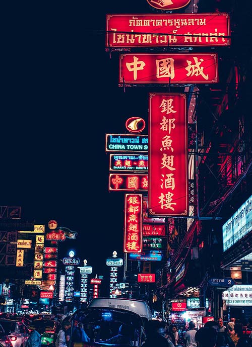 Neon signs in Chinese language in Chinatown Bangkok