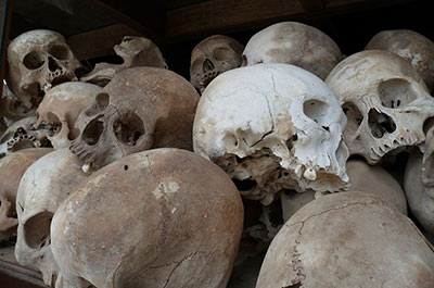 Skulls of people killed by the Khmer Rouge at Choeung Ek Genocidal Center