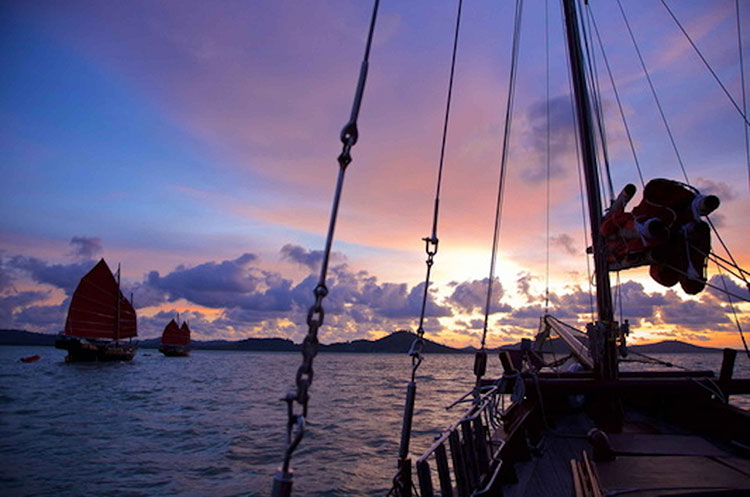 Views of Phang Nga Bay at sunset from the June Bahtra dinner cruise ship