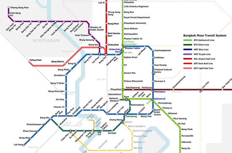 Map of the Blue Line and Purple Line of the MRT Subway in Bangkok