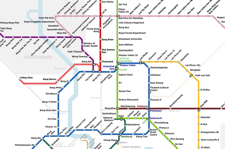 Map of the Blue Line and Purple Line of the MRT Subway in Bangkok