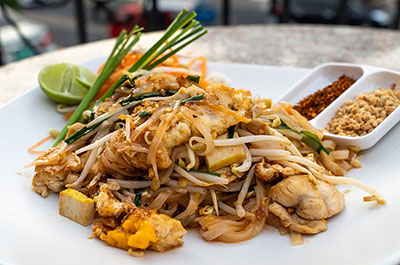 Plate of Pad Thai, a stir fried noodle dish