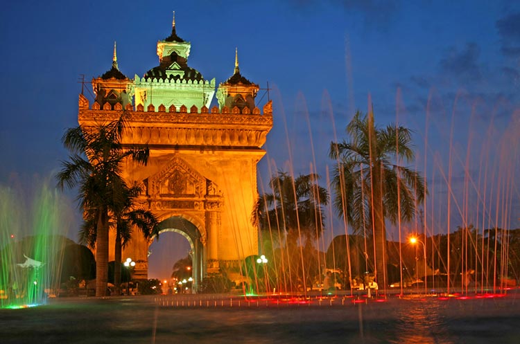 The Patuxai arch in Vientiane at dusk