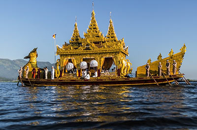 A royal Karaweik barge on Inle Lake during the Phaung Daw Oo pagoda festival