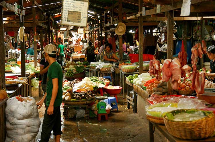 Vegetables, fruit and meat for sale at Phnom Penh night market