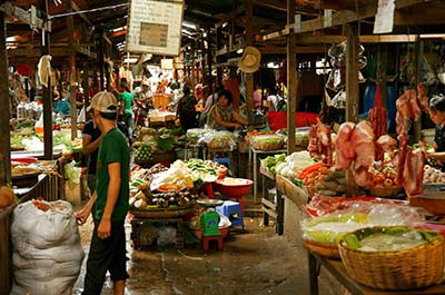 Stalls with vegetables at Phnom Penh night market
