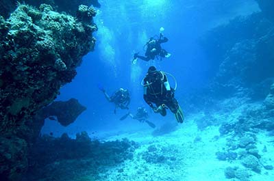 Scuba divers exploring the underwater world of the Andaman Sea around Phuket