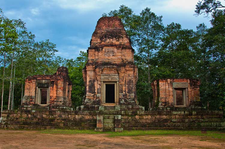 Three brick towers of Prasat Bei in the Angkor Archaeological Park
