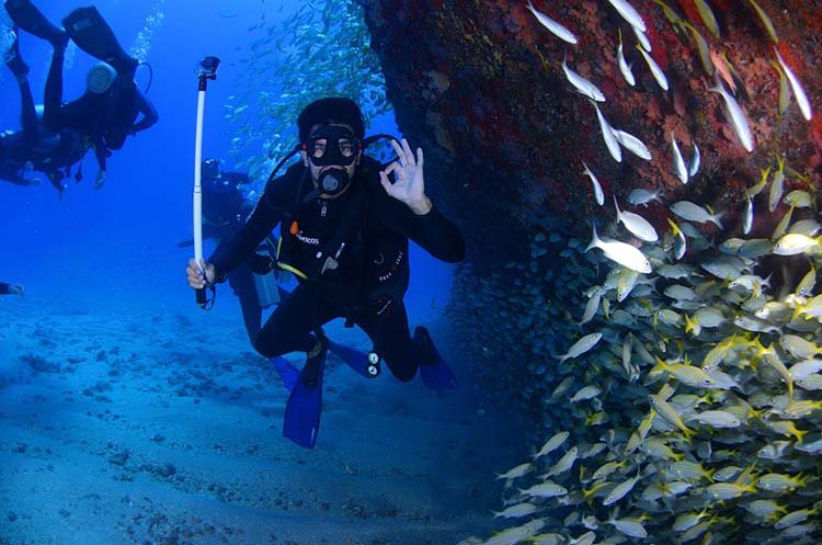 Divers with a school of fish at the Racha Islands