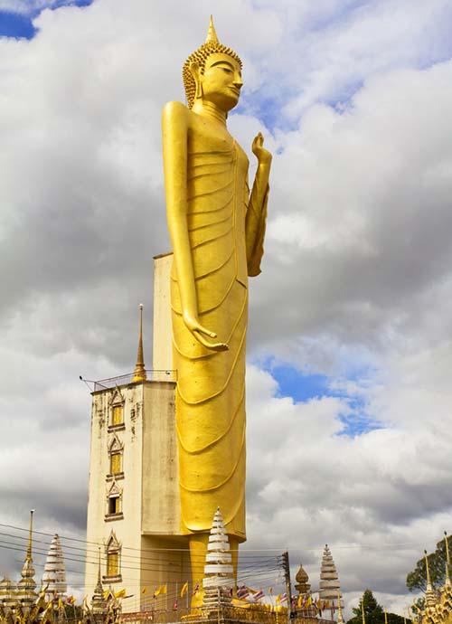 The 60 meter tall standing Buddha at Wat Buraphaphiram in Roi Et