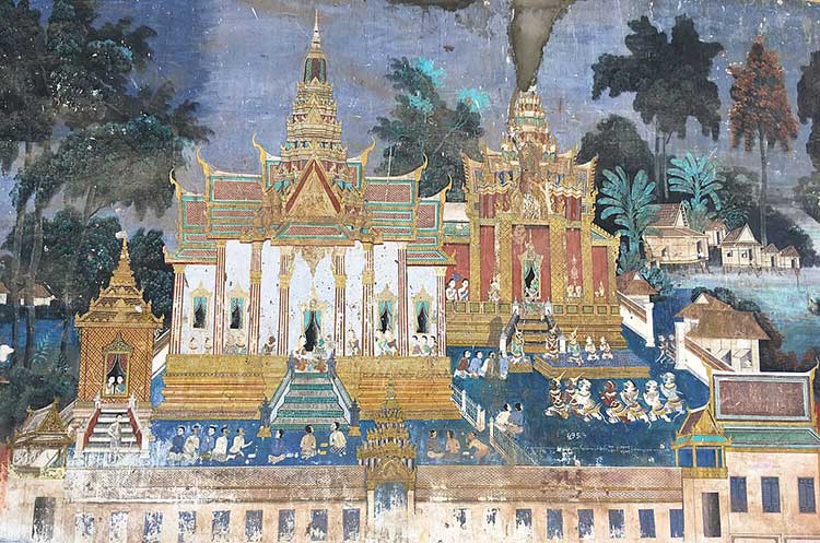 Murals depicting scenes from the Reamker on the walls of the gallery surrounding the Silver Pagoda compound