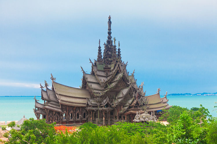 The beautiful wooden Sanctuary of Truth standing on the beach