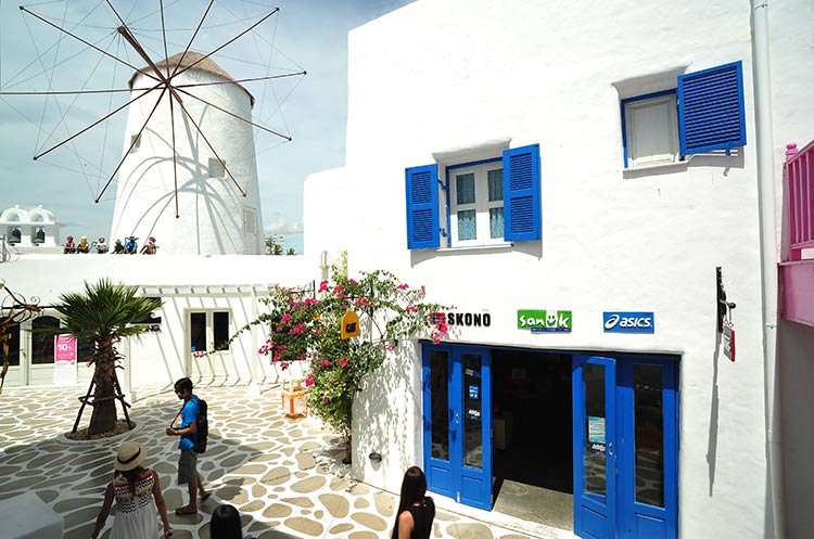 White and blue painted houses and a Greek style windmill