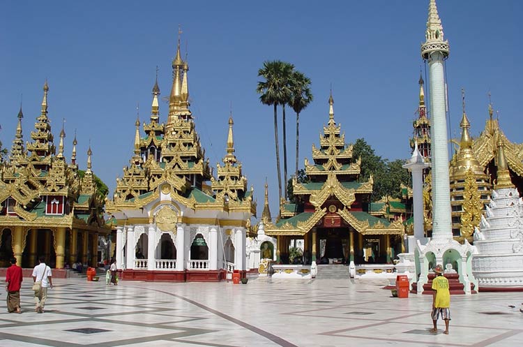 Several pavilions on the grounds of the Shwedagon pagoda in Yangon