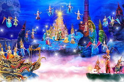 A stage scene with acrobatics and special effects at the Siam Niramit Show in Phuket