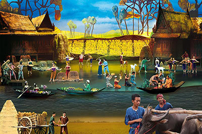 A stage scene depicting village life in Thailand