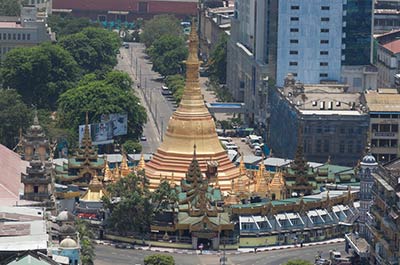 The golden stupa of the Sule pagoda in the center of Yangon