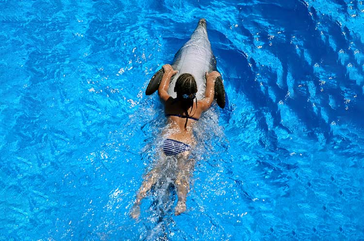 Young girl swimming with a dolphin