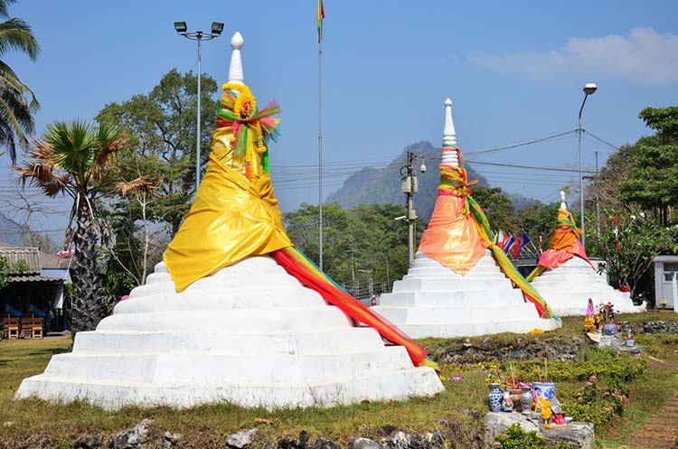 White pagodas at the Three pagodas pass on the border between Thailand and Burma