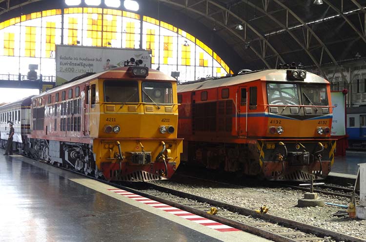 Two trains at the central station in Bangkok