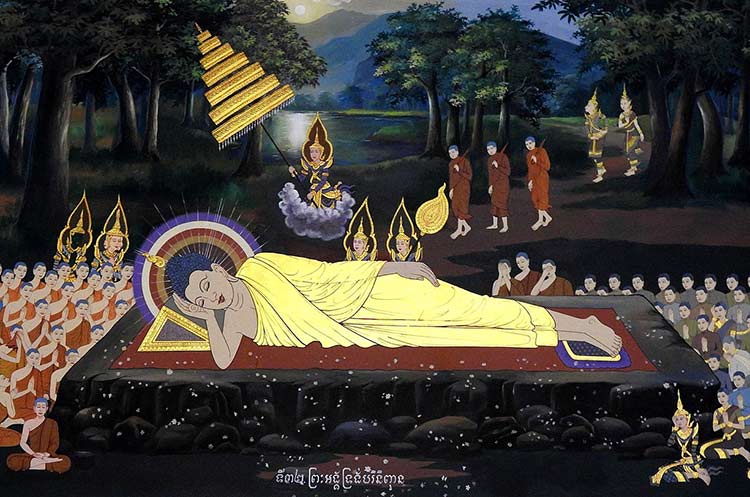 Colorul mural of the Reclining Buddha in the viharn of the Wat Botum