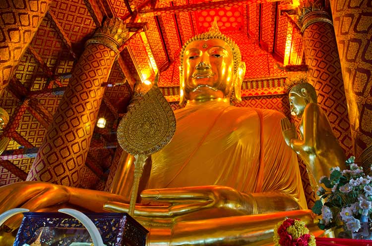 The 19 meter tall gilded Buddha image of Wat Phanan Choeng in the Ayutthaya Historical Park