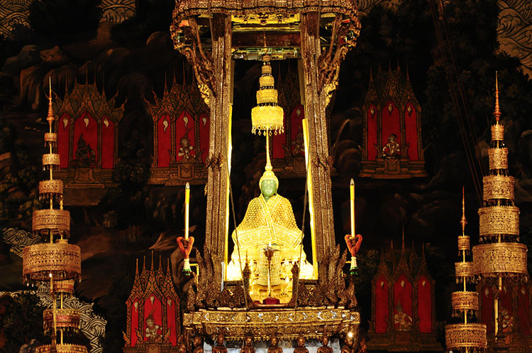 The Emerald Buddha in the Wat Phra Kaew temple in the Grand Palace complex