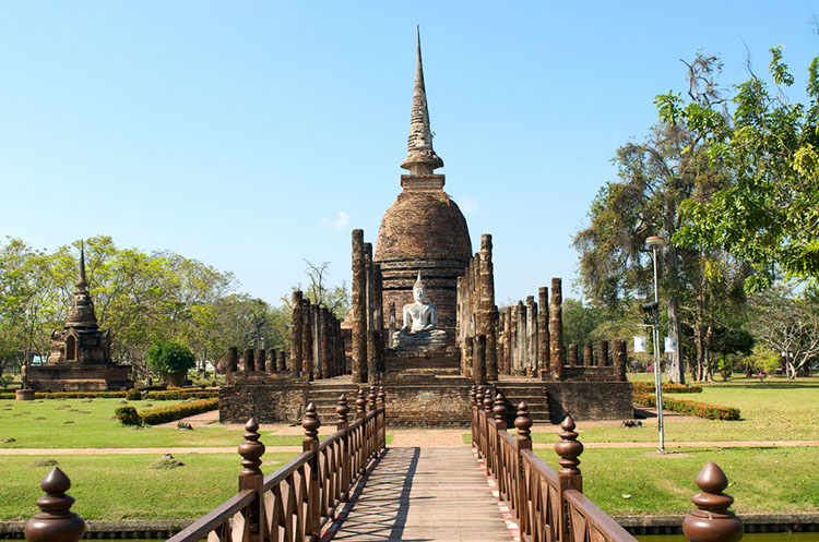 The Singhalese style bell shaped chedi of Wat Sa Si in the central zone of Sukhothai Historical Park